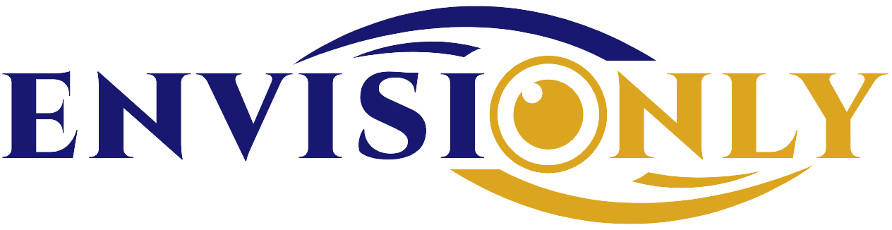 a logo with the text 'ENVISIONLY.' 'ENVISI' is in dark blue, while 'ONLY' is in gold. The design incorporates a stylized eye, with the letter 'O' in 'ONLY' resembling an eye with a gold iris and a white pupil. There are also curved lines above and below the text, in dark blue and gold, respectively, enhancing the eye motif.